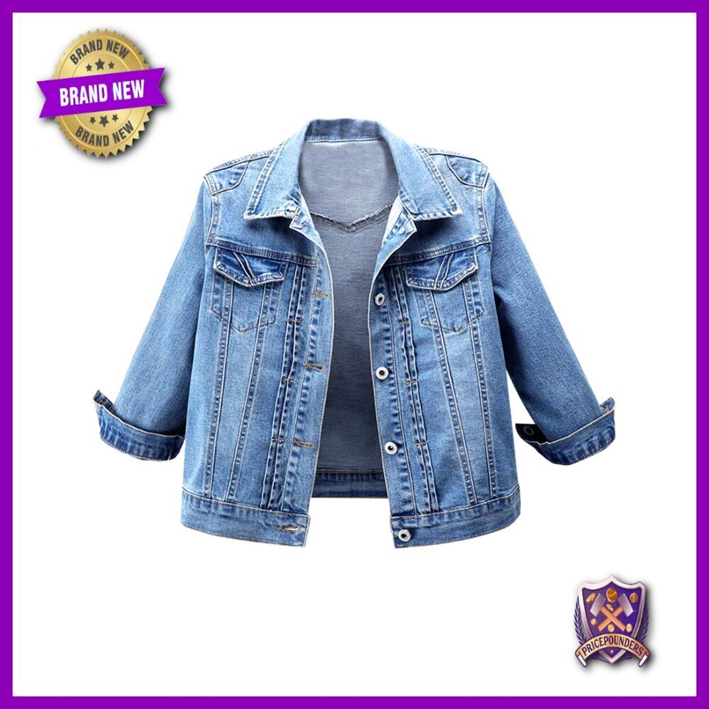 Cropped Denim Trucker Jacket 3/4 Sleeve Slim Fit Vintage Ripped Holes